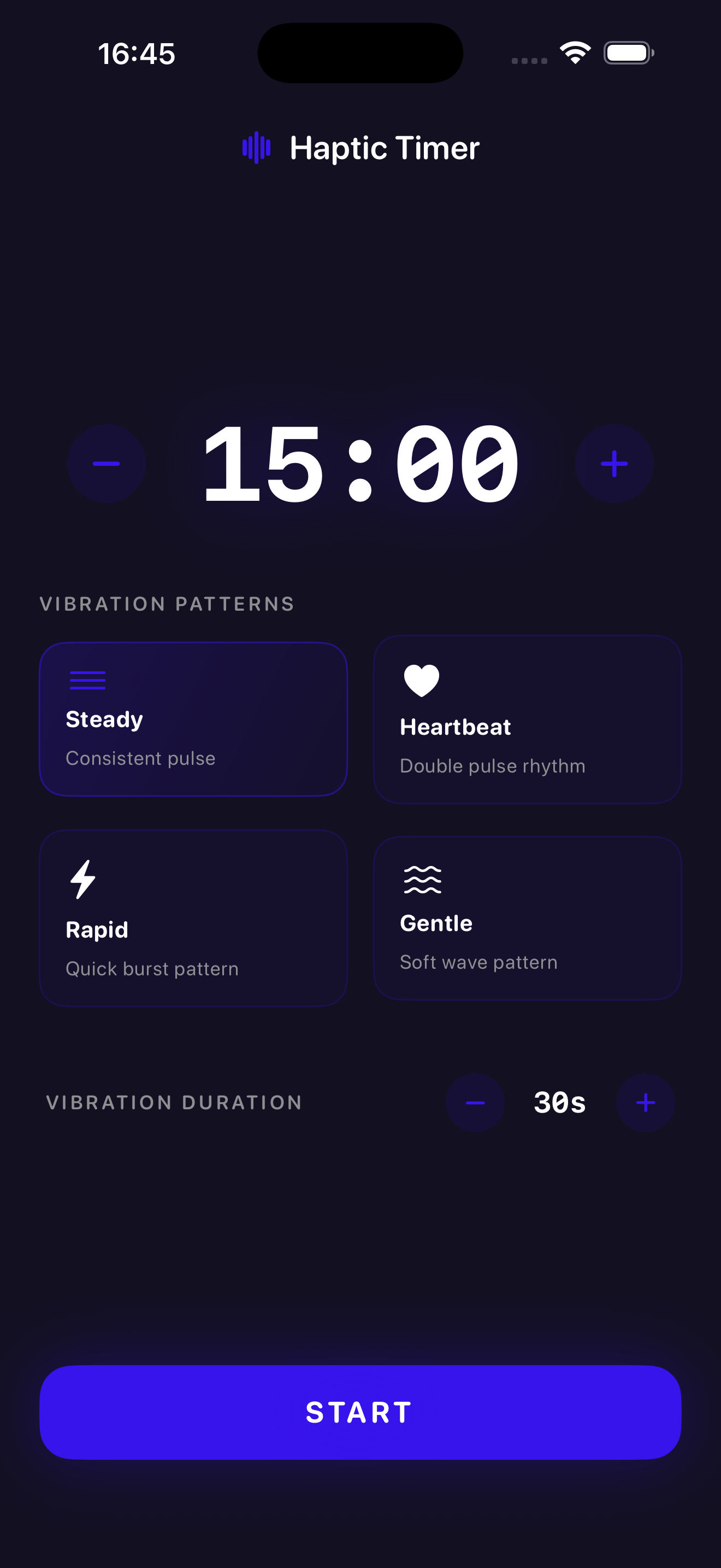Haptic Pulse Timer — Timer setup with vibration patterns