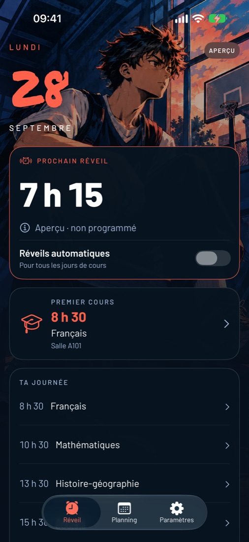 Écran Réveil : prochain réveil à 7 h 15, premier cours à 8 h 30