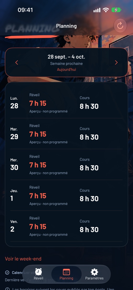 Planning de la semaine avec l'heure de réveil de chaque jour