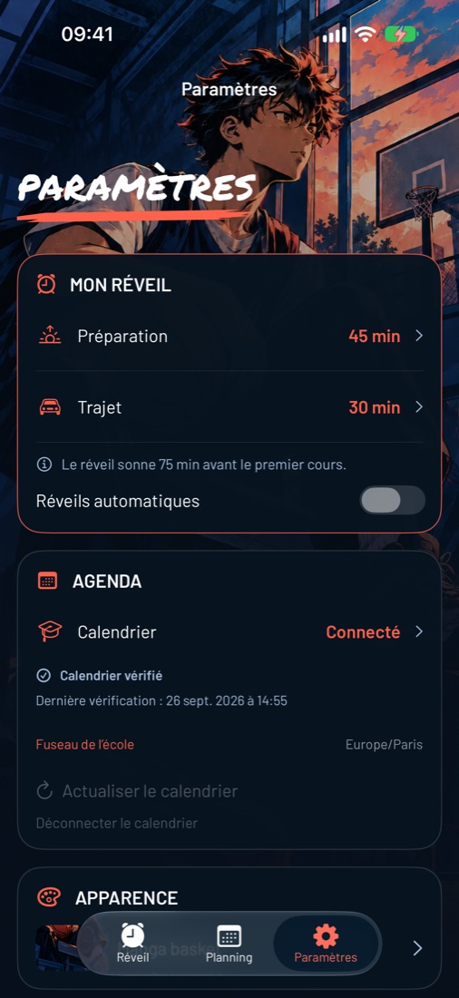 Écran Paramètres de SchoolAlarm